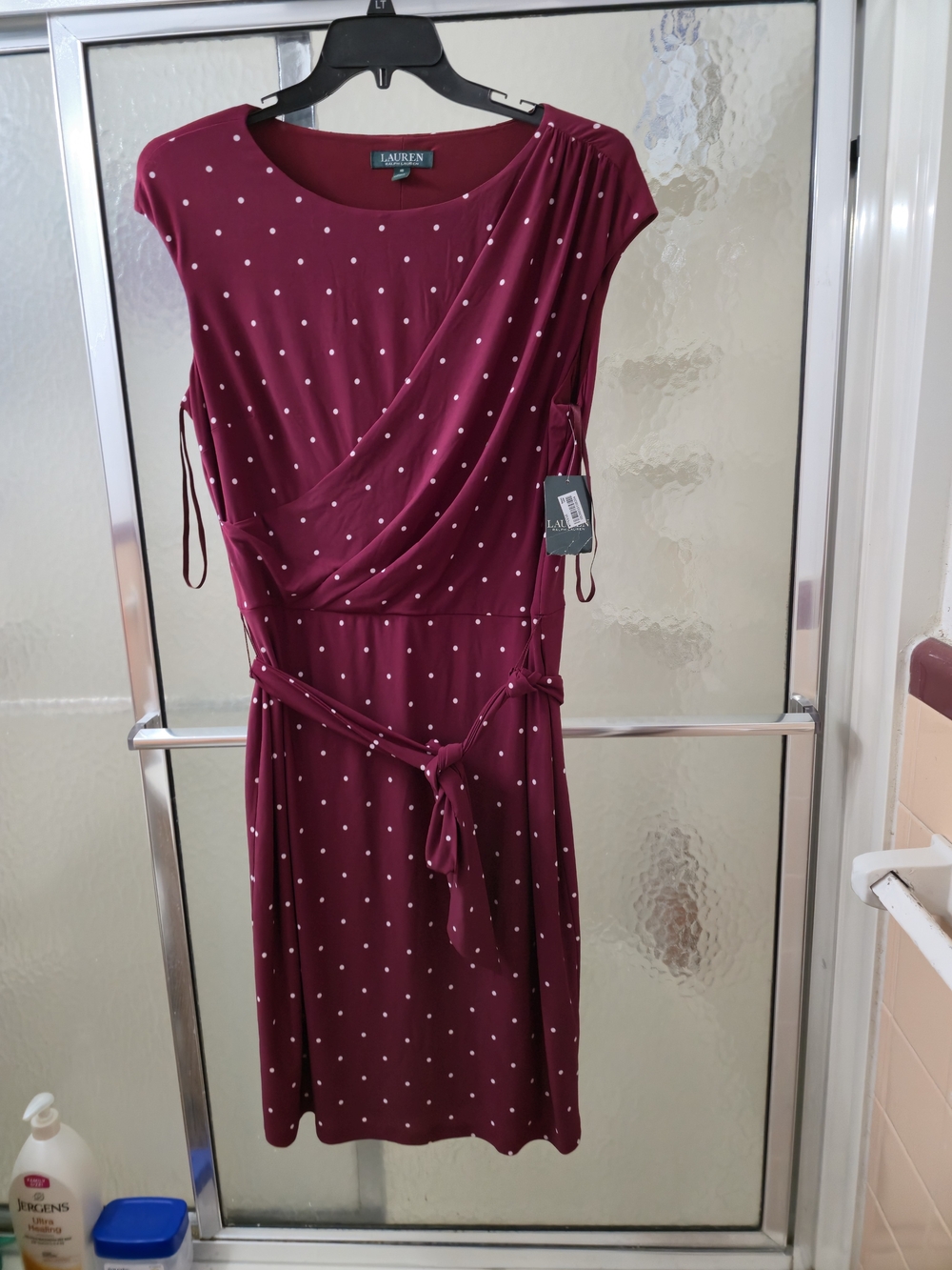NWT Lauren Ralph Lauren Burgundy Polka Dot Wrap-Style Dress. Sz 16. $80